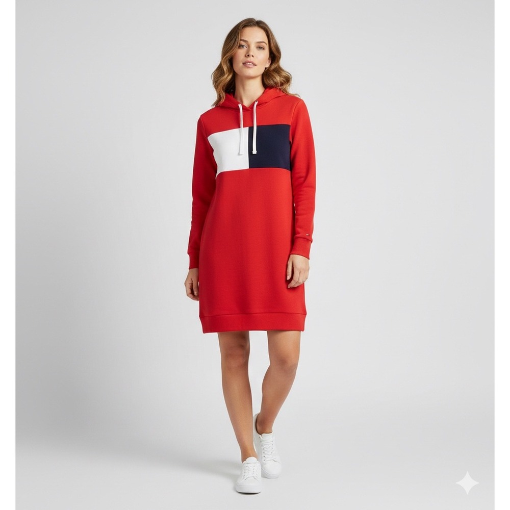 Tommy Hilfiger Red White Blue Sweatshirt Dress Y2K, Size Small, Casual Relaxed